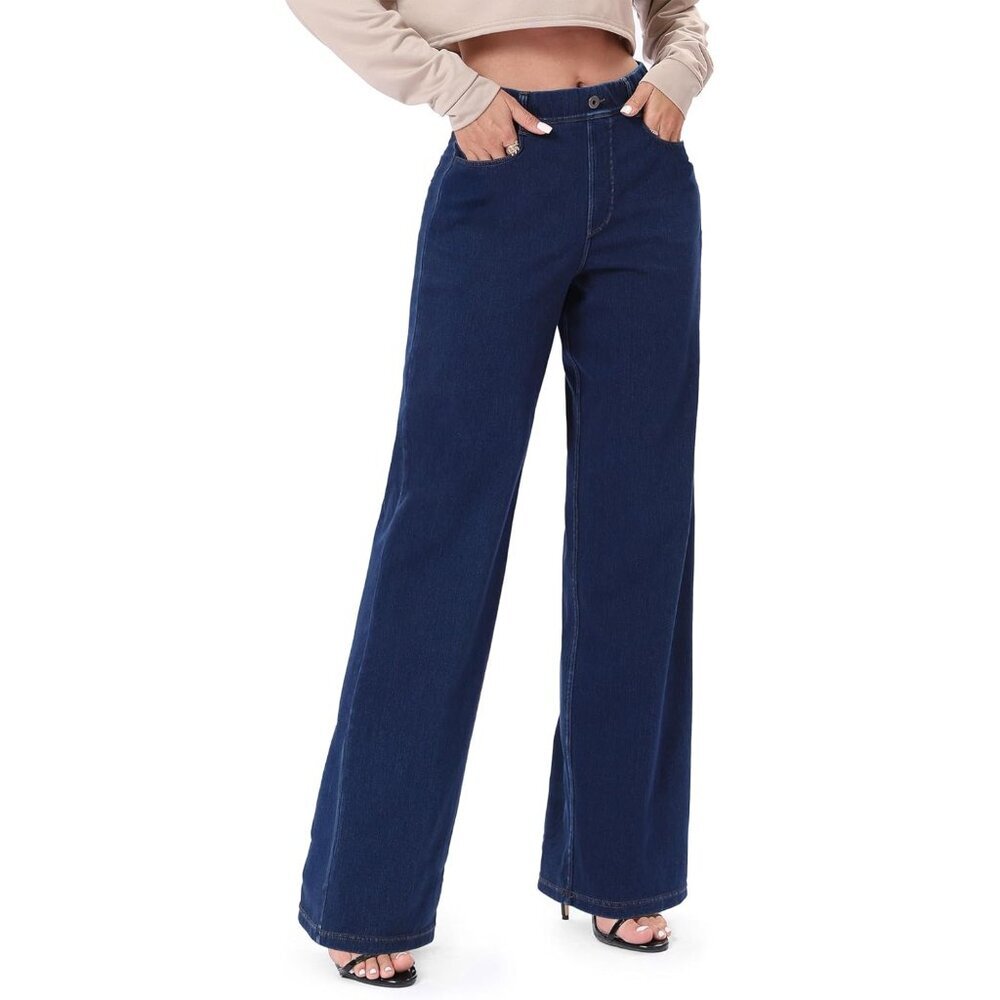 Pull On Wide Leg Jeans For Women Stretch High Waisted Casual Denim Pants